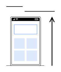 Smartphone with screen interface app icons, and battery indicator. Large upward arrow signifies progress. Ideal for technology, innovation, growth, mobile apps, minimalism, productivity
