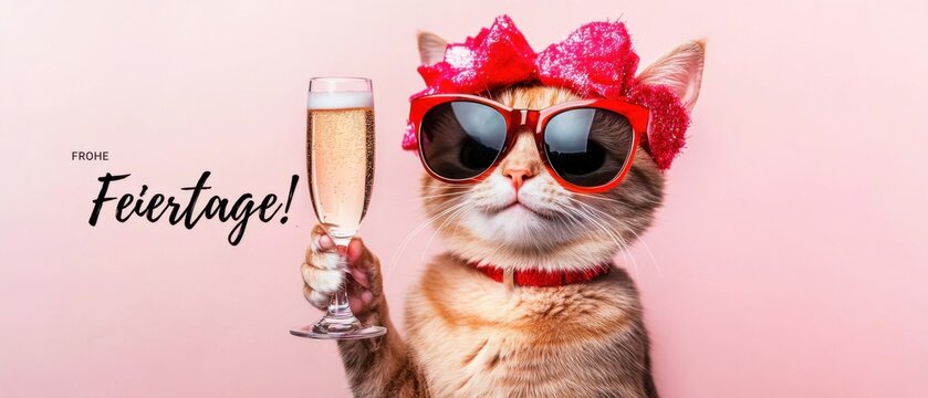 S&uuml;&szlig;e Katze feiert fr&ouml;hliche Feiertage mit Sekt und Sonnenbrille