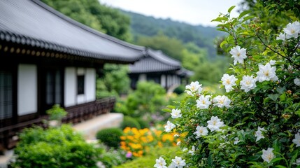 Serene Asian temple garden with white flowers.