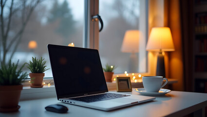 Coffee cup, laptop and notepad with pen on a table against the window, view to winter city. Cozy workplace in home office