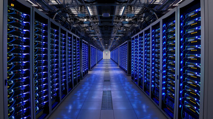 High-Tech Server Room with Rows of Illuminated Computer Racks