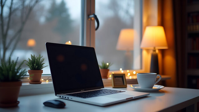 Coffee cup, laptop and notepad with pen on a table against the window, view to winter city. Cozy workplace in home office