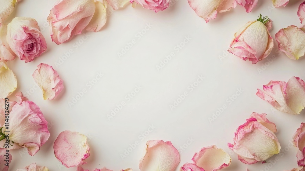 Poster delicate pink rose petals are arranged on a light surface, creating a charming and romantic setting.