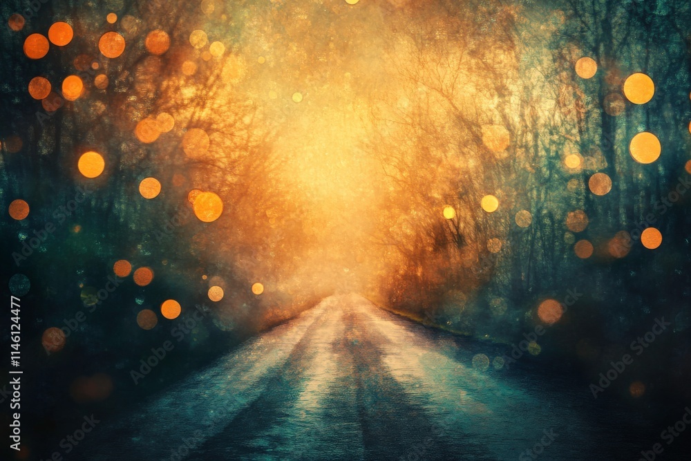 Poster enigmatic pathway through a misty forest with glowing orbs capturing the essence of an enchanted jou