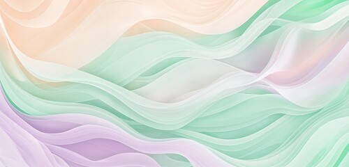 Fototapeta premium A delicate digital abstract gradient wave background with pastel hues of mint green, lavender, and peach. The waves form a soft, whimsical pattern.