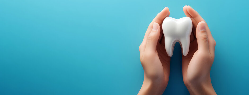 hands holding a tooth on a blue background ,Dental health concept, 
