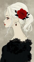 Elegant Anime Girl with Red Rose and Black Dress