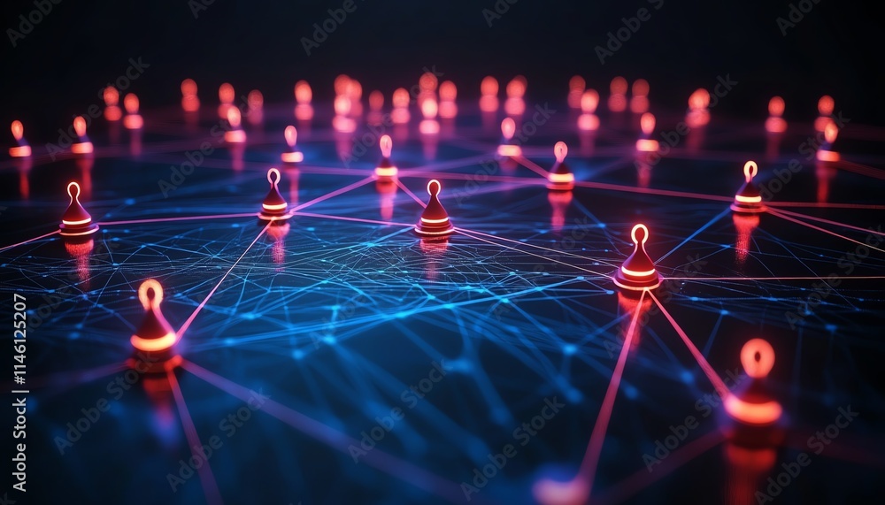 Poster intricate wireframe network connected by glowing dots, symbolizing the seamless communication and co