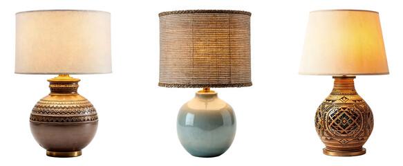 Set of various Boho Table Lamps isolated on transparent background.