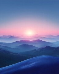 Obraz premium A breathtaking landscape featuring rolling hills and mountains under a serene sunrise. The sky transitions from deep blue to soft pink, creating a calming atmosphere.