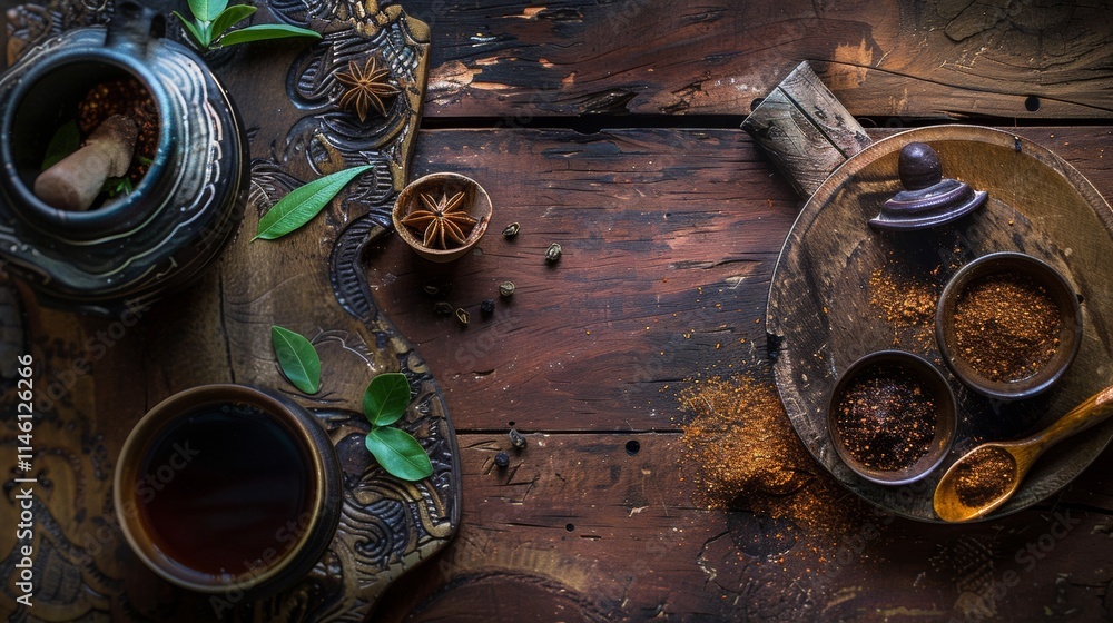 Poster traditional tea setup with spices and herbs on a rustic table