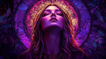 A serene stained-glass depiction of Saint Mary Magdalene, her face illuminated by glowing purple and crimson tones, kneeling at the cross,