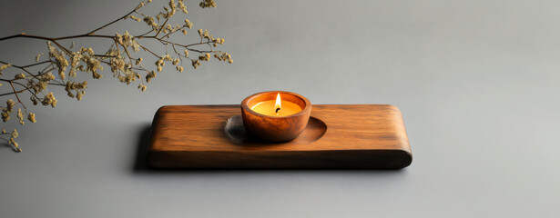 Candle in a wooden candlestick on a grey background. Concept template banner for spa salons, advertising handicrafts and woodwork, massage services and relaxation with a place for text. 