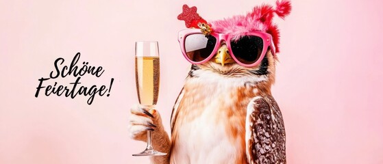 FeiertagsEule mit Champagner: Lustige VogelFotografie für Glückwünsche