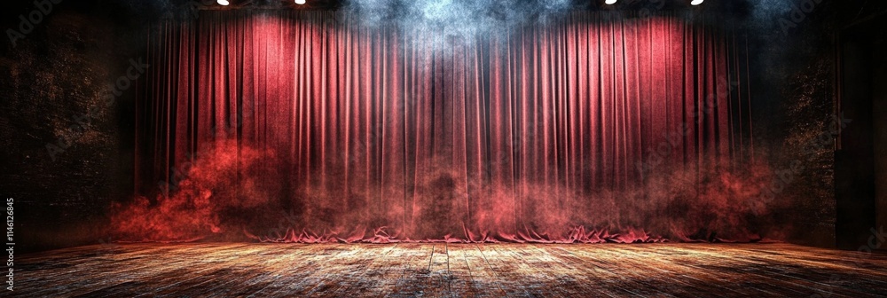 Poster majestic red theater curtains on stage under soft spotlight with hazy atmosphere creating a magical 