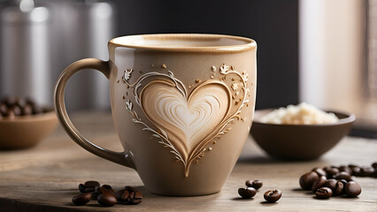 A rustic mug with a delicate heart-shaped latte art design and an aromatic coffee beverage