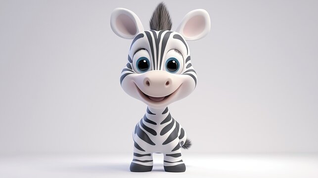 A cheerful cartoon zebra character with a big smile and bright eyes in a simple background.