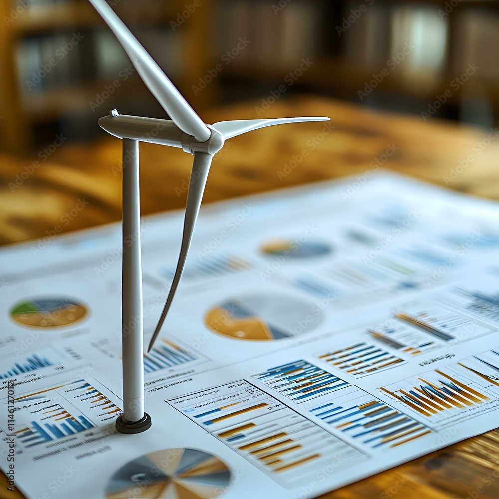 Poster wind turbine model with data analysis charts on table