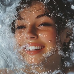 Joyful Woman Immersed in Ice Water with Bright Smile and Radiance