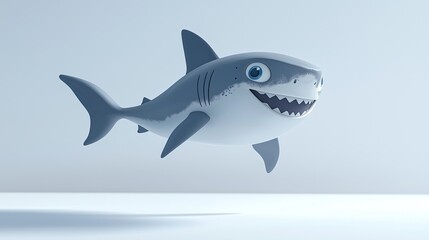 Fototapeta premium A cute, cartoonish shark with big eyes and a friendly smile swimming in a light background.