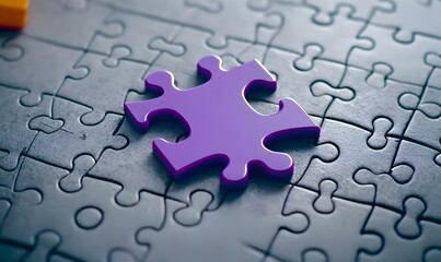 Fototapeta premium Single Purple Puzzle Piece on Gray Background with Empty Space