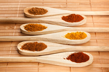 Assorted ground spices on wooden cooking spoons