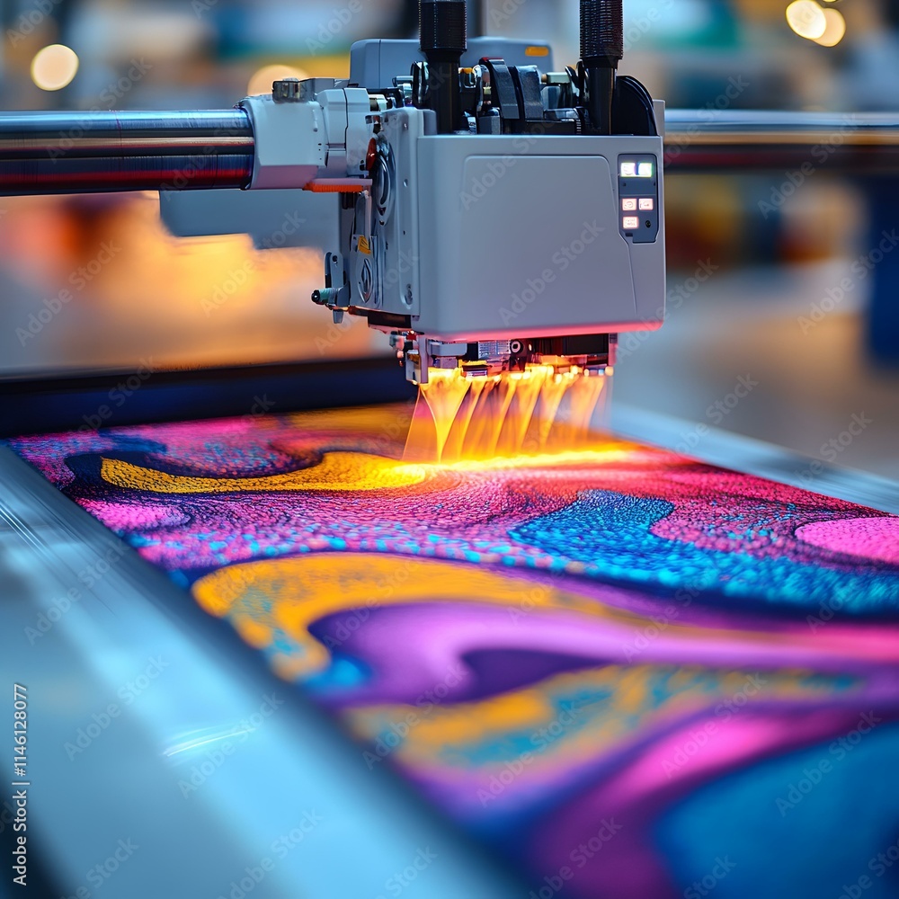 Poster close-up of digital textile printer creating vibrant fabric patterns