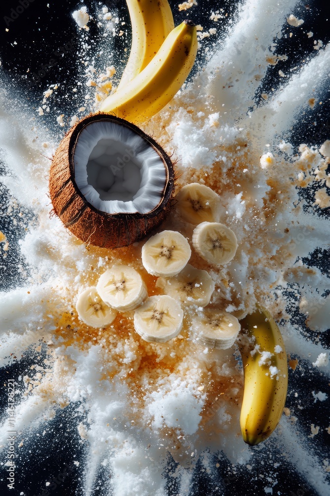 Poster a stunning display of a coconut bursting open with banana slices and whole bananas scattering around