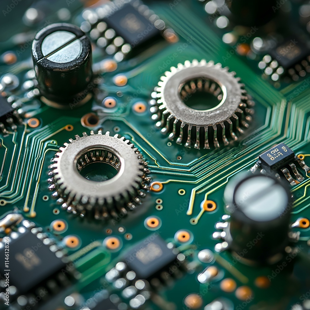 Aufkleber close-up view of gears on circuit board with electronic components