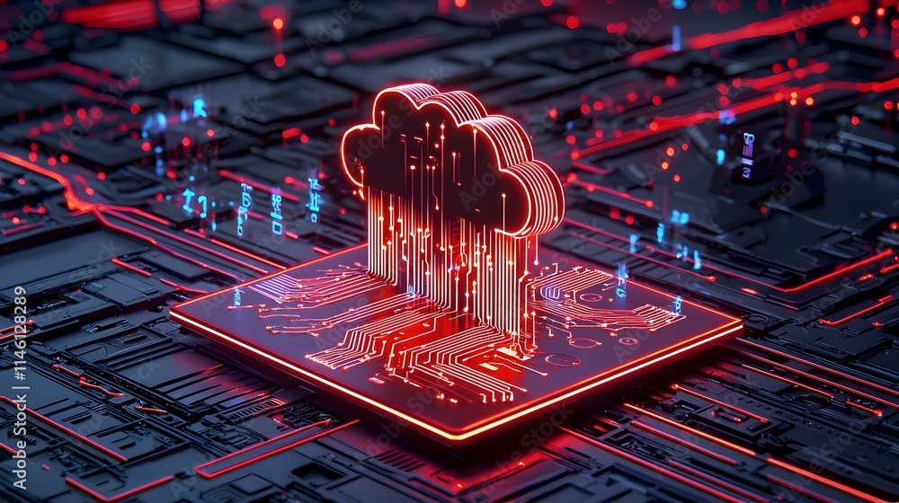 Poster cloud computing concept with digital circuit design and upload symbol