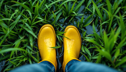 Yellow rain boots standing in wet grass