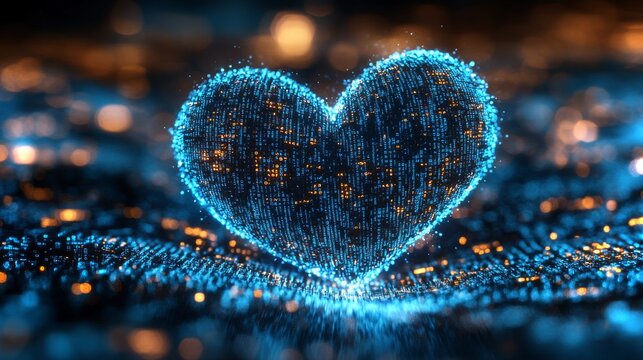 Holographic heart shape in a glowing data stream representing connection and emotion - Powered by Adobe