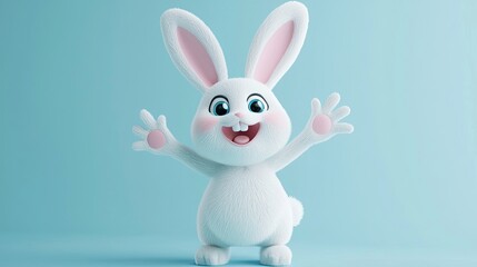 Obraz premium A cheerful cartoon rabbit with big ears and a friendly smile, posing with open arms.