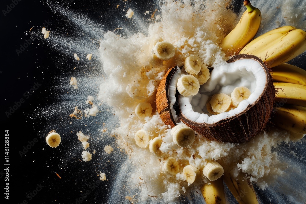 Poster an explosive burst of coconut and banana creates a dynamic display of texture and color. fruit piece
