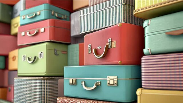 A close-up of a stack of colorful, retro-style suitcases with bold patterns and textures