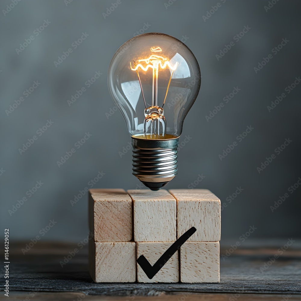 Poster conceptual light bulb illuminating wooden block with checkmark