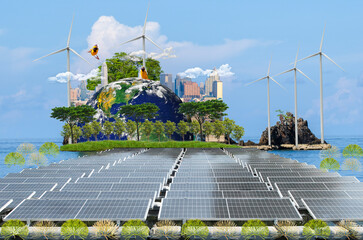 The floating cities, a city using clean energy and grow seaweed on natural background . Future simulation city concept.Element of this image furnished by NASA.