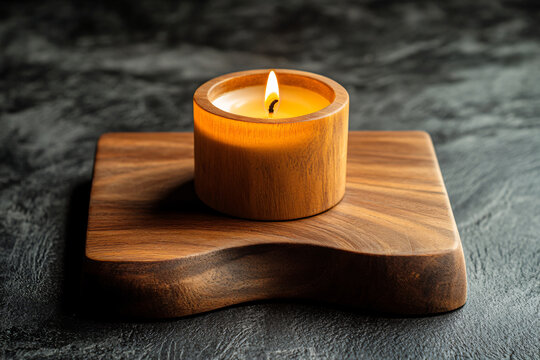 Candle in a wooden candlestick on a wooden table background. Concept template banner for spa salons, advertising handicrafts and woodwork, massage services and relaxation with a place for text. 