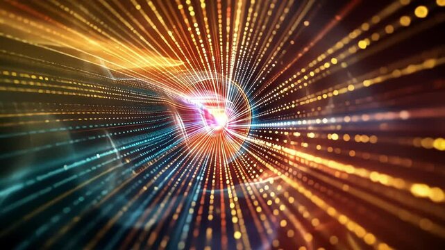A mesmerizing light installation where beams of light dance along strings symbolizing the underlying energy and vibrations of the universe according to superstring theory.