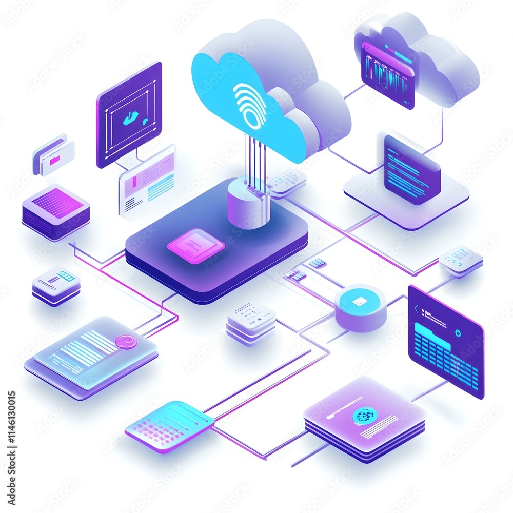 Poster digital illustration of cloud computing with api integration elements