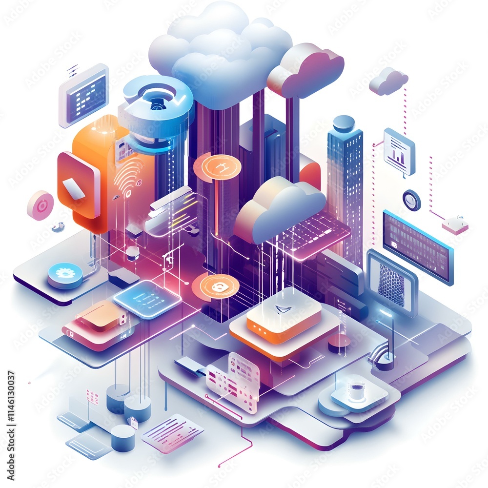 Poster digital illustration of cloud computing with api integration concepts