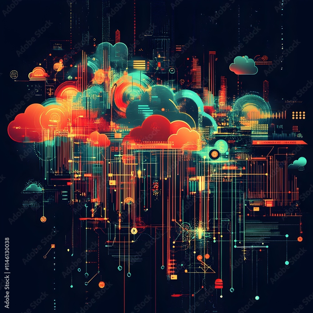 Poster digital illustration of cloud computing with api connections