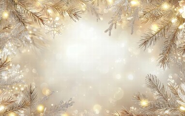 A soft beige holiday backdrop with subtle lights and a frosted frame leaving space for text