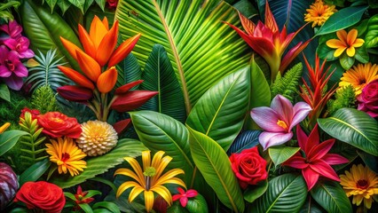 Naklejka premium A panoramic view showcases a vibrant, lush tropical paradise teeming with life.