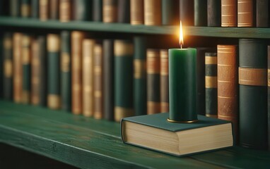 library shelves and candles. A library lounge area with shelves lined with vintage books and tapered candles in brass holders, library shelves candles, classic literary elegance