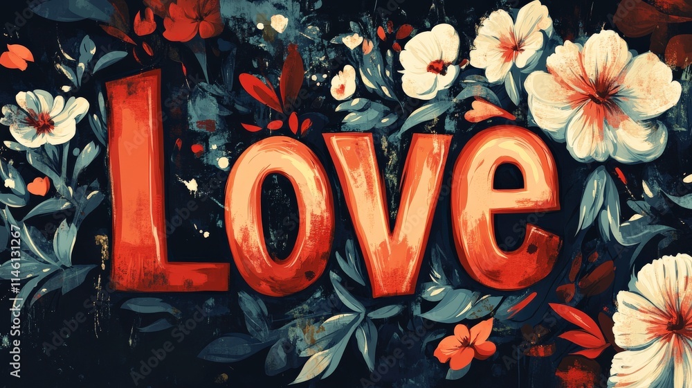 Wall mural Vibrant Floral Love Typography Art Featuring Bold Red Letters Surrounded by Colorful Blooms and Green Leaves in a Dark Background Perfect for Romantic Themes