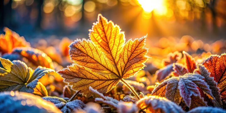 Autumn's fiery embrace: frosty leaves ignite at sunrise, a photographer's dream.