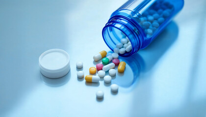 Spilled pill bottle with colorful tablets and capsules