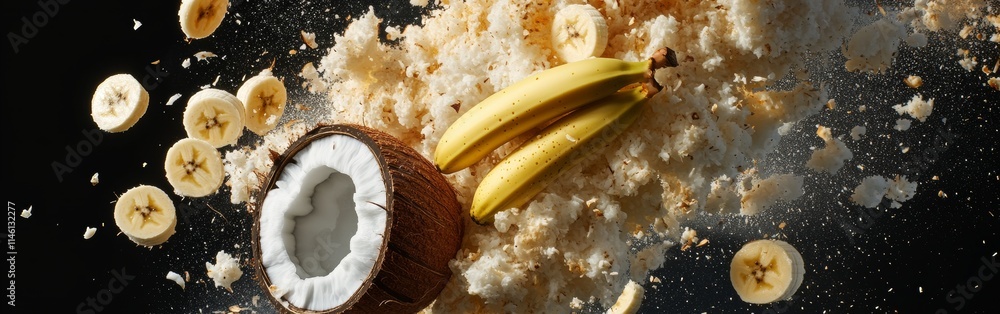 Poster a stunning display of a coconut and bananas exploding in mid-air, captured from above. the backgroun