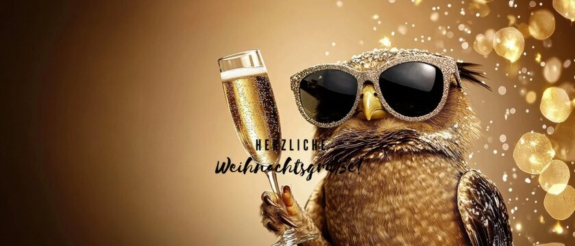 Festliche Eule mit Champagner feiert Weihnachten  Lustige Weihnachtskarte